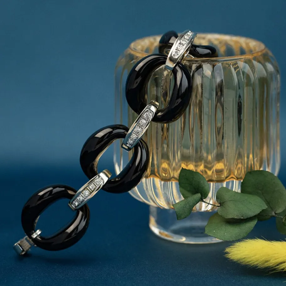 White gold bracelet with onyx and diamonds 14 krt>Vintage Jewellery Online