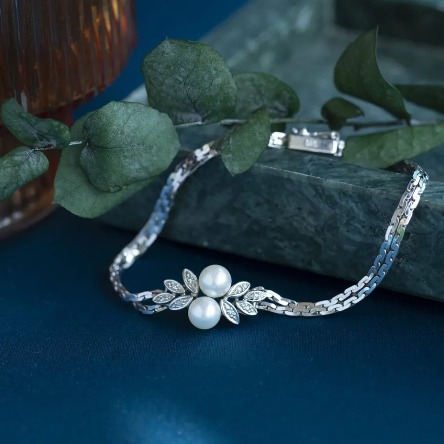 White gold bracelet with diamond and pearl 18 cm 14 krt>Vintage Jewellery Hot