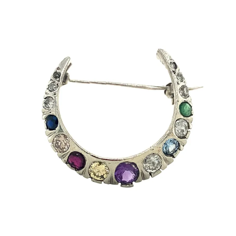 White gold brooch crescent with diamond and glass 14 krt>Vintage Jewellery Online