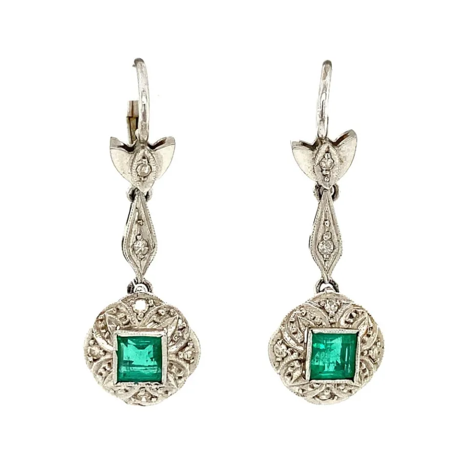White gold earrings with diamond and emerald 14 krt>Vintage Jewellery Fashion