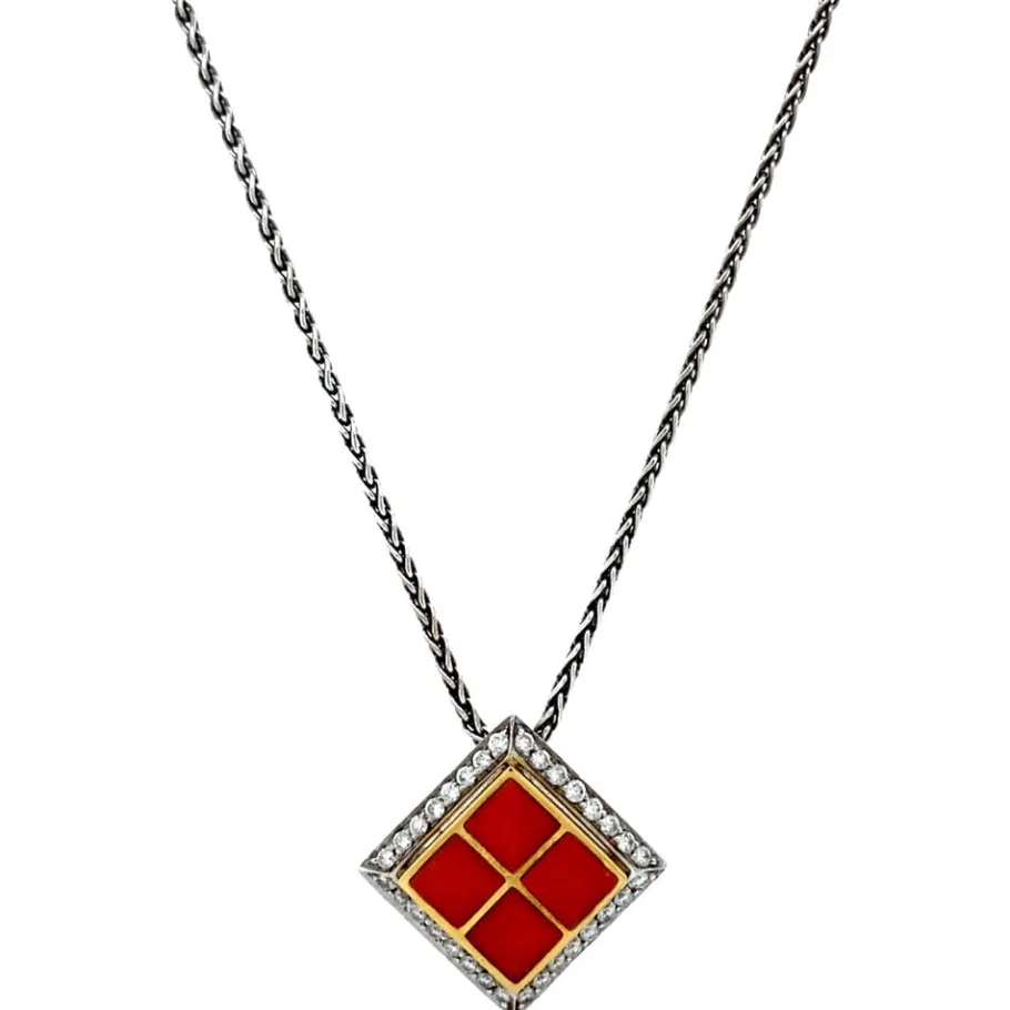 White gold necklace with pendant with blood coral and diamonds 18 krt>Vintage Jewellery New