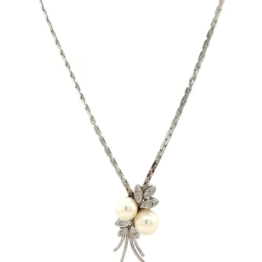White gold necklace with diamond and pearl pendant 14 krt>Vintage Jewellery Hot