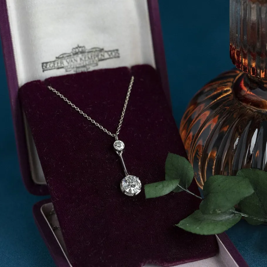 White gold necklace with diamond pendant 14 krt/900>Vintage Jewellery Hot