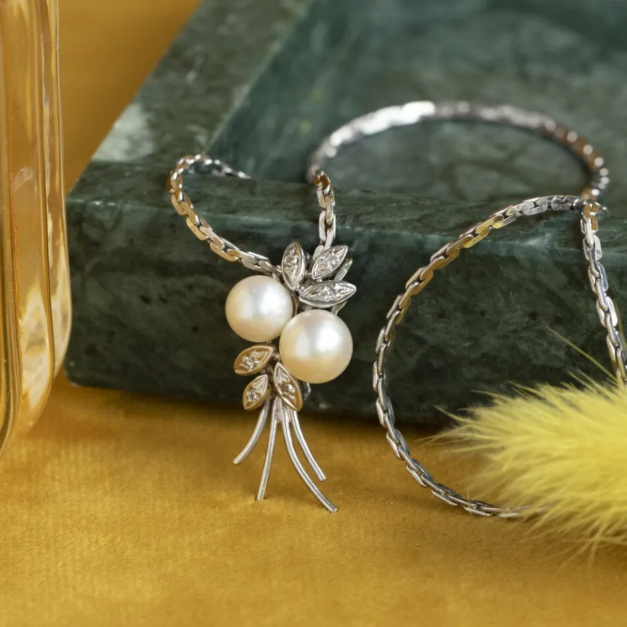 White gold necklace with diamond and pearl pendant 14 krt>Vintage Jewellery Hot