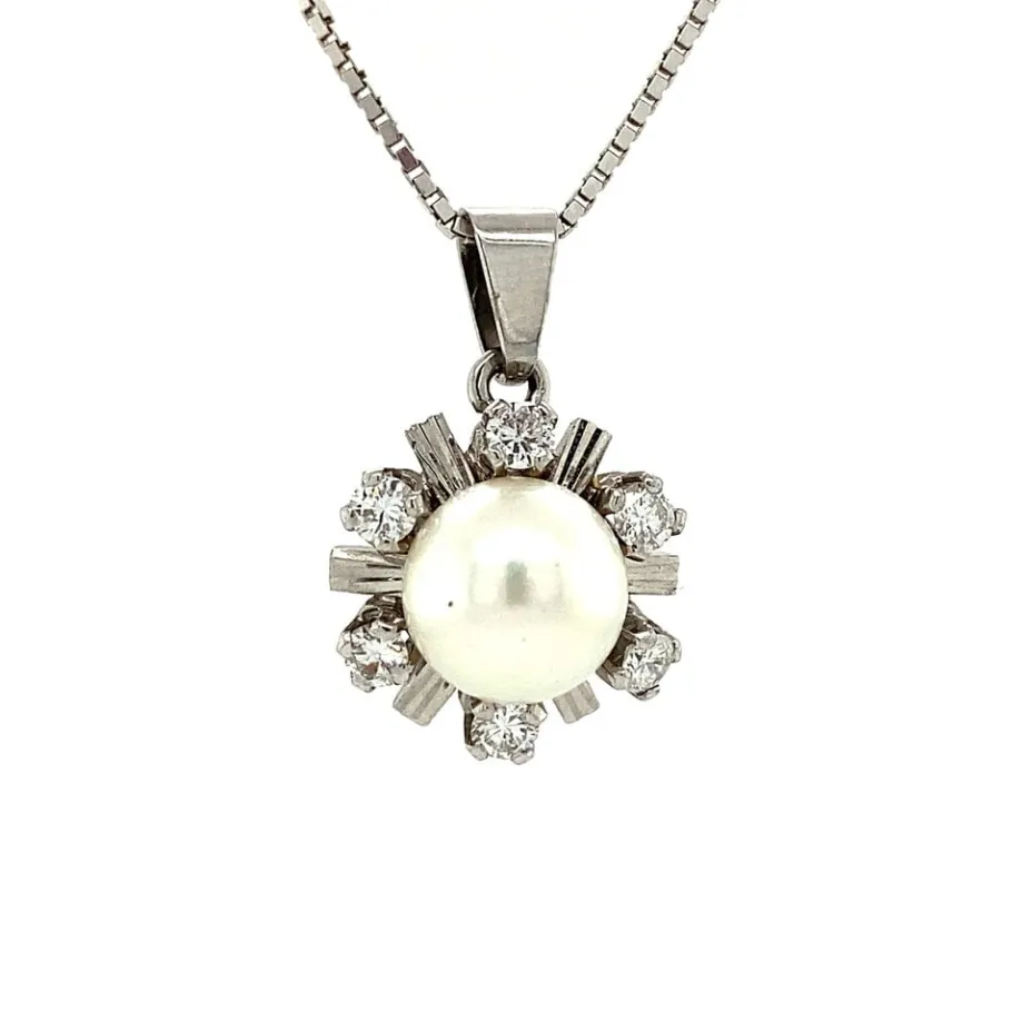 White gold pendant with diamond and pearl 18 krt>Vintage Jewellery Sale