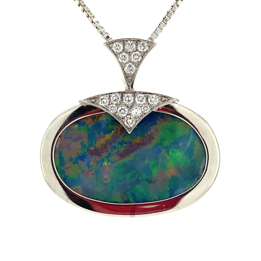 White gold pendant with opal doublet and diamond 18 krt>Vintage Jewellery Sale