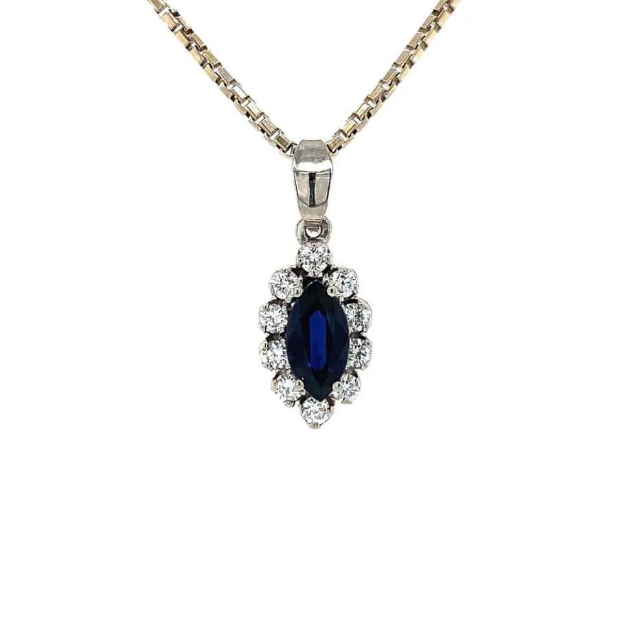 White gold pendant with sapphire and diamond 14 krt>Vintage Jewellery New