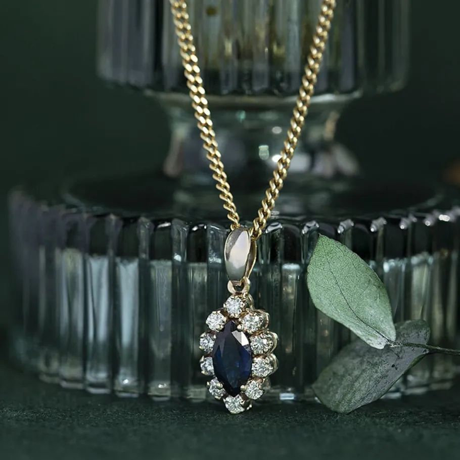 White gold pendant with sapphire and diamond 14 krt>Vintage Jewellery New