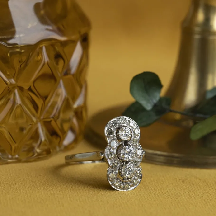 White gold princess ring with diamonds 14 krt>Vintage Jewellery Fashion