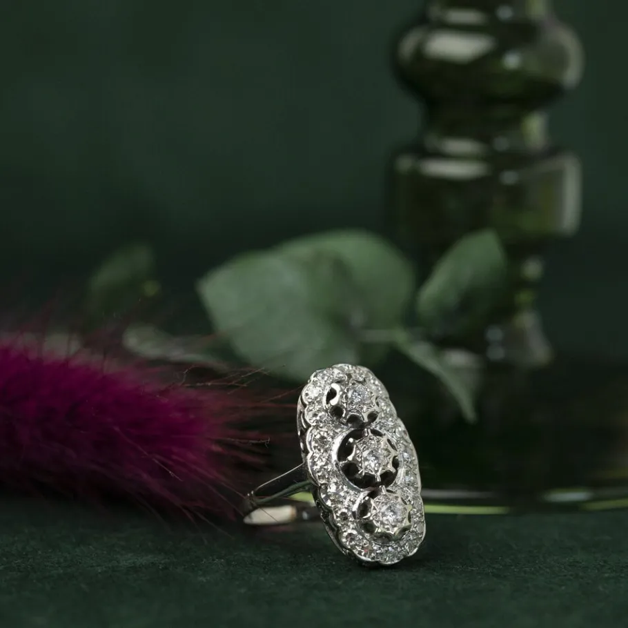 White gold princess ring with diamonds 14 krt>Vintage Jewellery Online