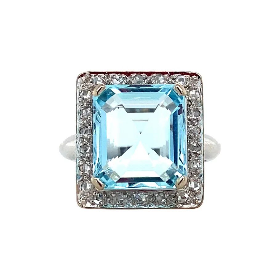 White gold ring with aquamarine and rose diamond 14 krt>Vintage Jewellery Hot