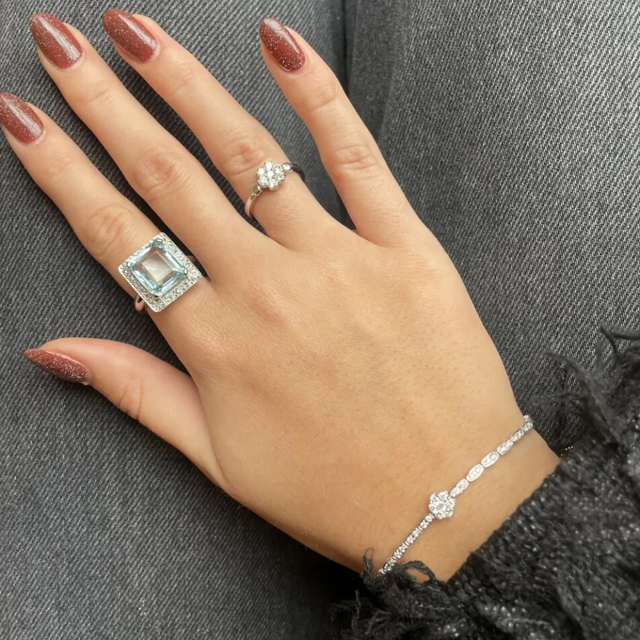 White gold ring with aquamarine and rose diamond 14 krt>Vintage Jewellery Hot