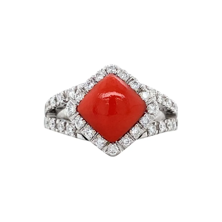 White gold ring with blood coral and diamonds 18 krt>Vintage Jewellery Outlet