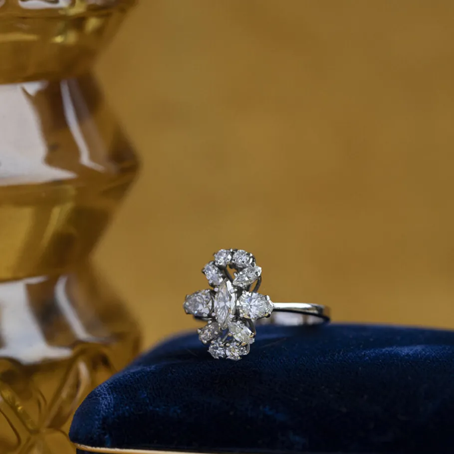 White gold ring with diamonds 14 krt>Vintage Jewellery Online