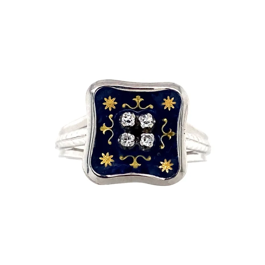 White gold ring with enamel and diamond 18 krt>Vintage Jewellery Hot