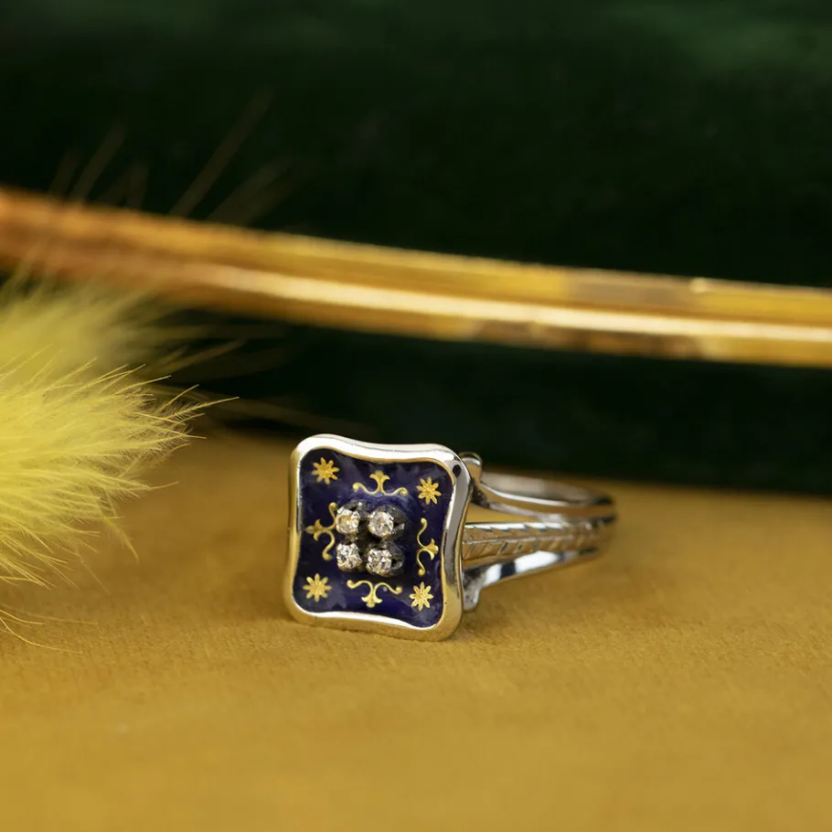 White gold ring with enamel and diamond 18 krt>Vintage Jewellery Hot
