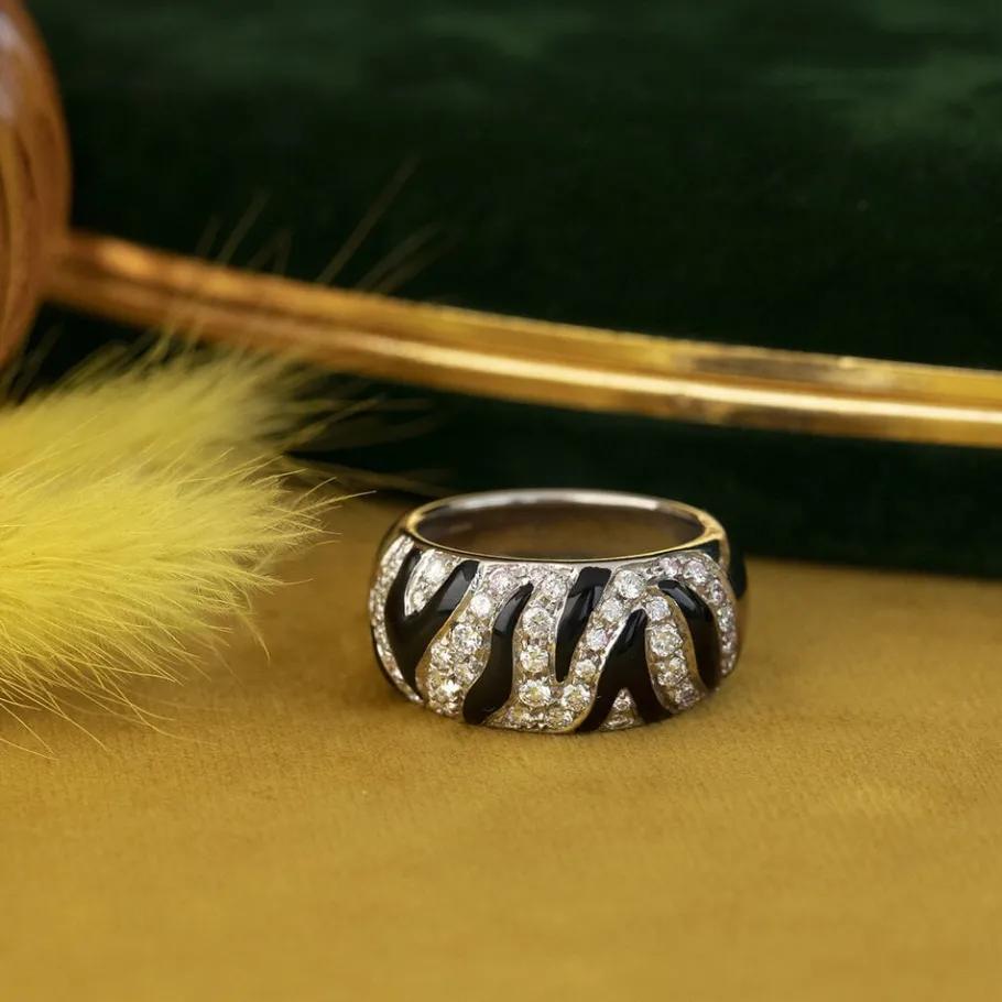 White gold ring with enamel and diamond 18 krt>Vintage Jewellery Fashion