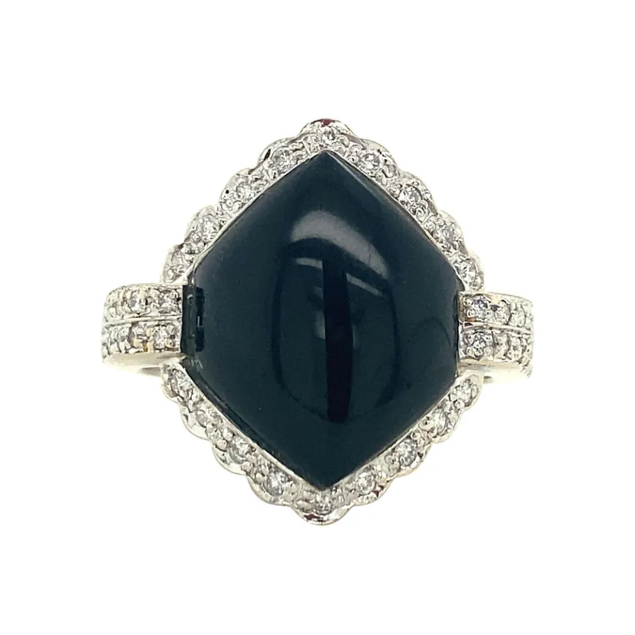 White gold ring with onyx and diamonds 14 krt>Vintage Jewellery Sale