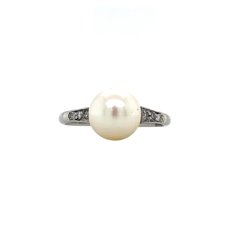 White gold ring with pearl and diamonds 14 krt>Vintage Jewellery Fashion