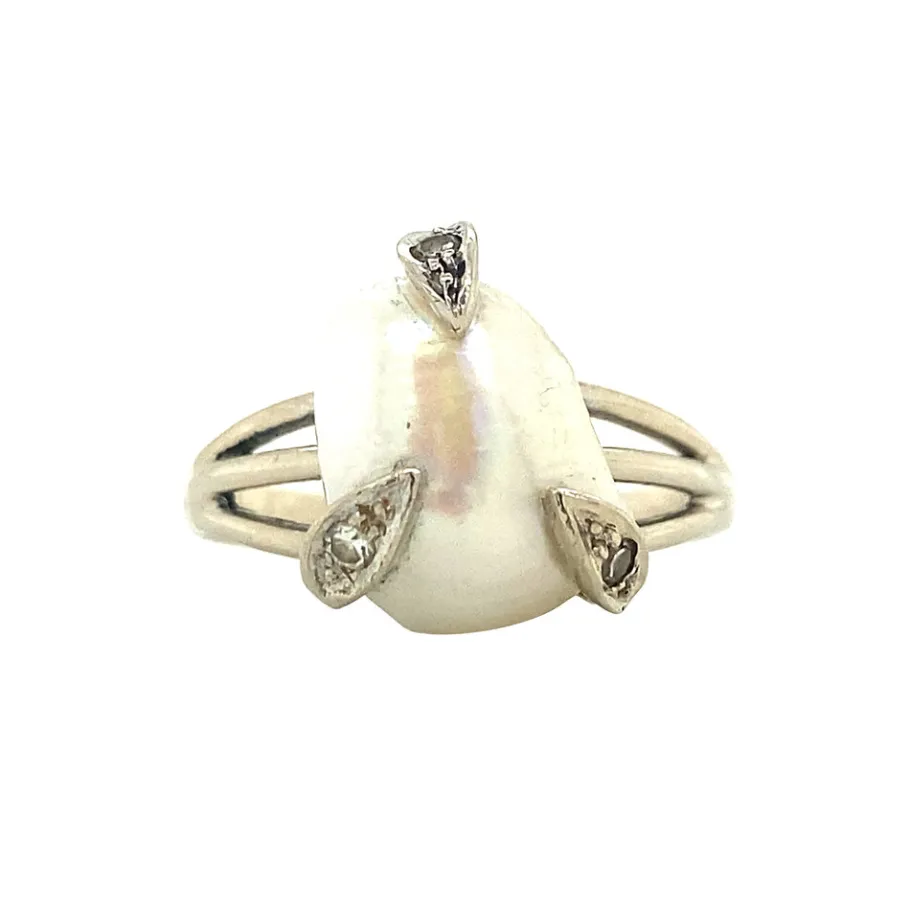White gold ring with pearl and diamond 14 krt>Vintage Jewellery Hot