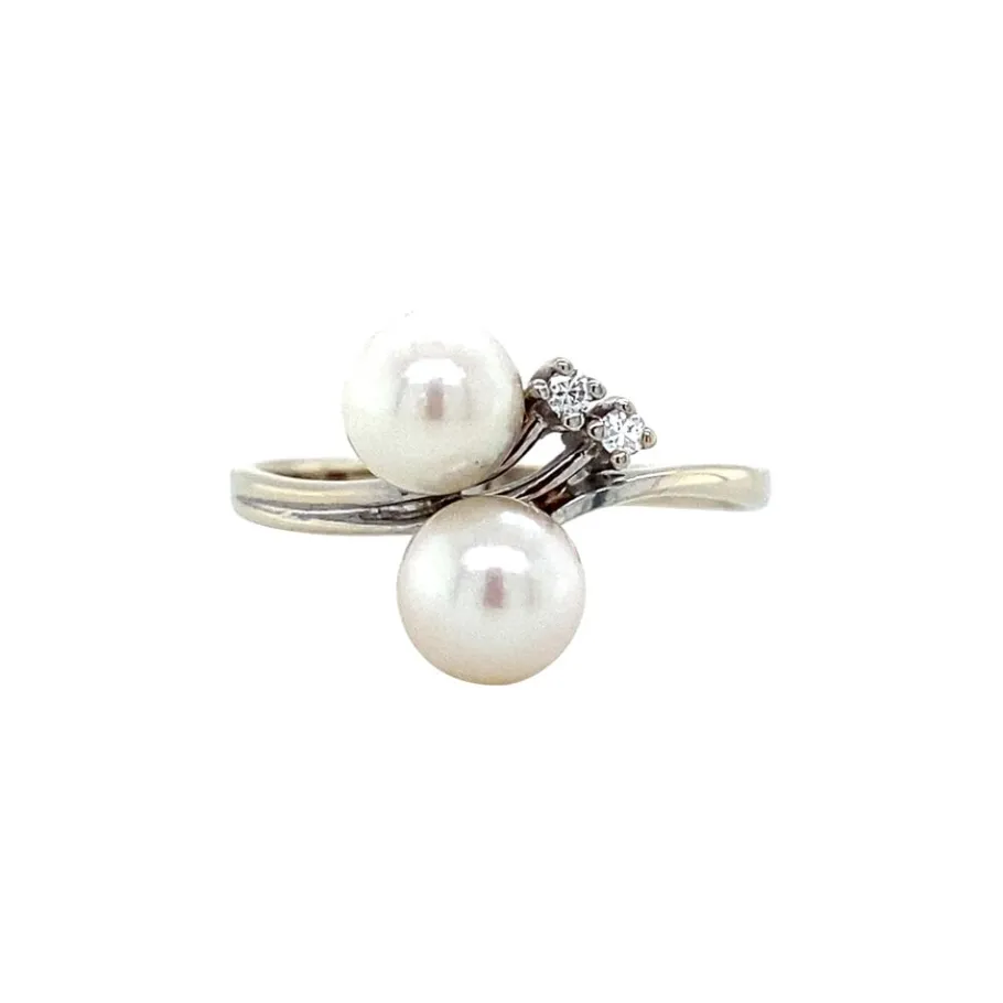 White gold ring with pearl and diamond 14 krt>Vintage Jewellery Sale