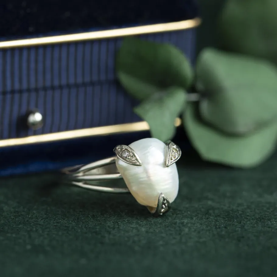 White gold ring with pearl and diamond 14 krt>Vintage Jewellery Hot