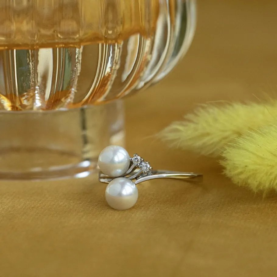 White gold ring with pearl and diamond 14 krt>Vintage Jewellery Sale