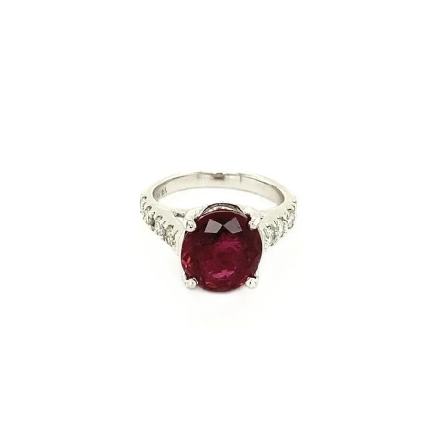 White gold ring with pink tourmaline and diamonds 18 krt>Vintage Jewellery New