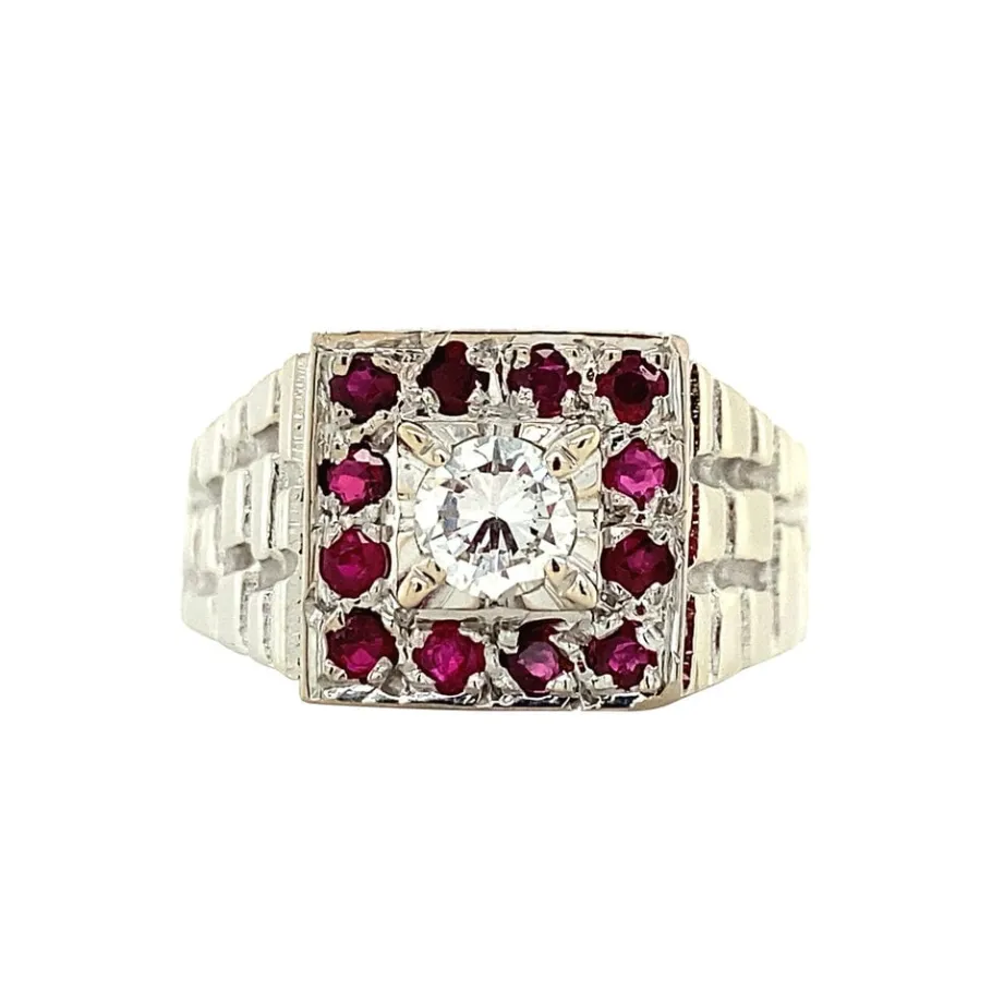 White gold ring with ruby and diamonds 18 krt>Vintage Jewellery Clearance