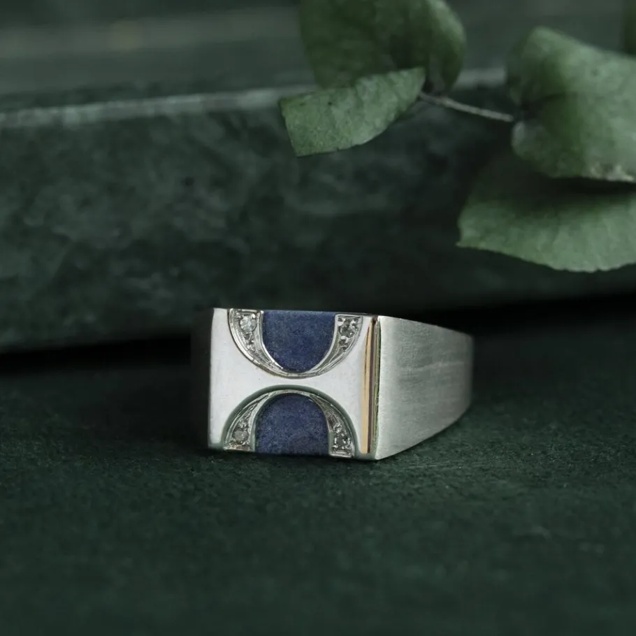 White gold ring with sodalite and diamonds 14 krt>Vintage Jewellery Fashion