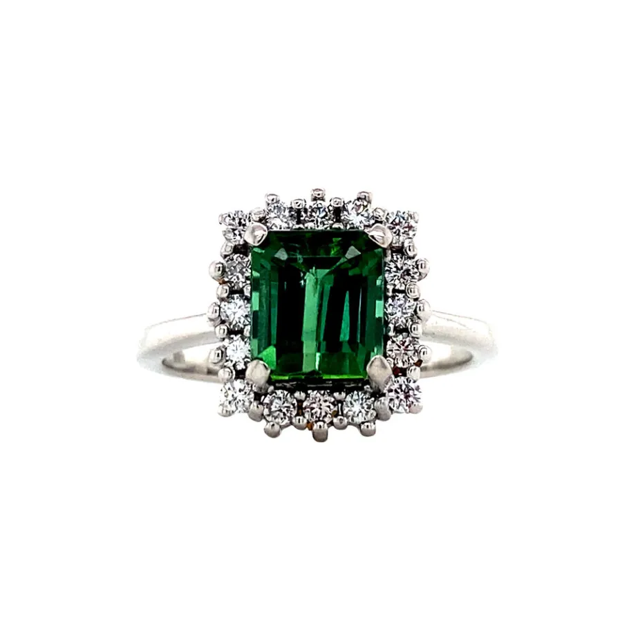 White gold ring with tourmaline and diamonds 14 krt>Vintage Jewellery Online