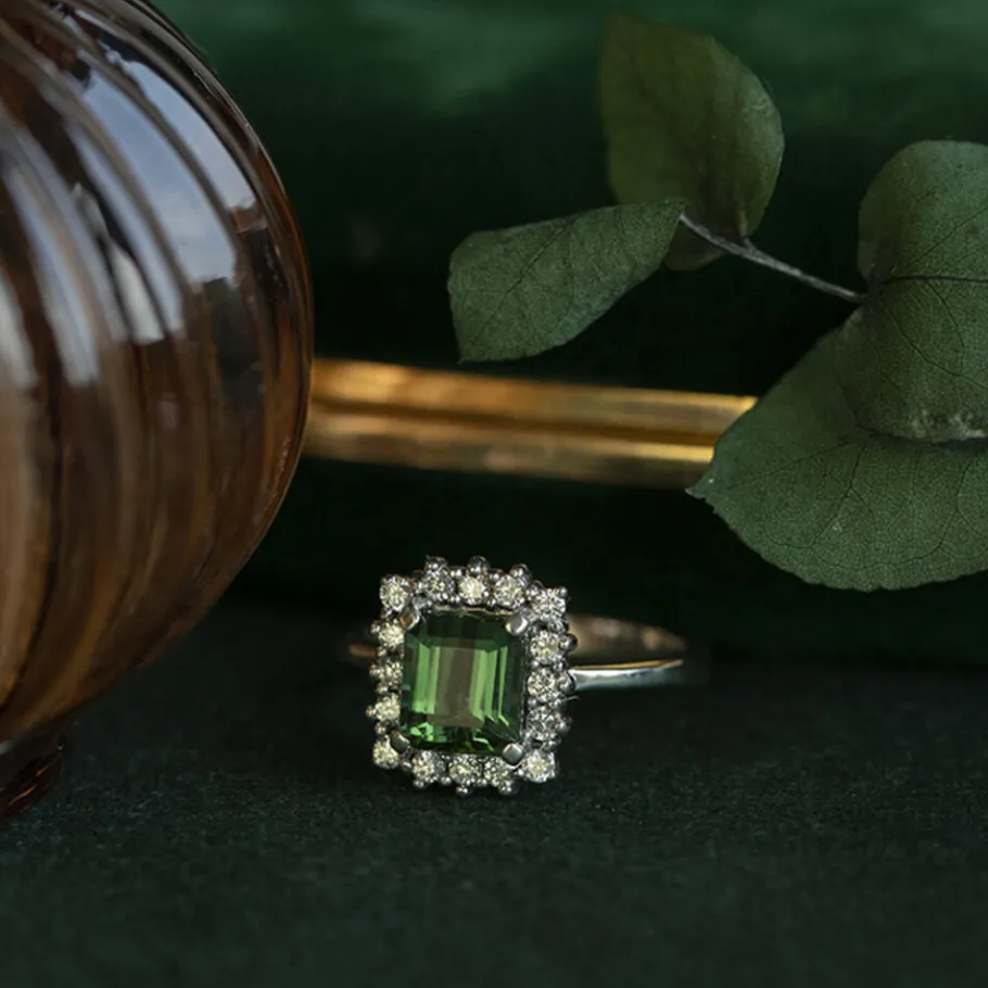 White gold ring with tourmaline and diamonds 14 krt>Vintage Jewellery Online