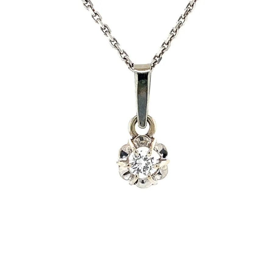 White gold solitaire pendant with diamonds 14 krt>Vintage Jewellery New