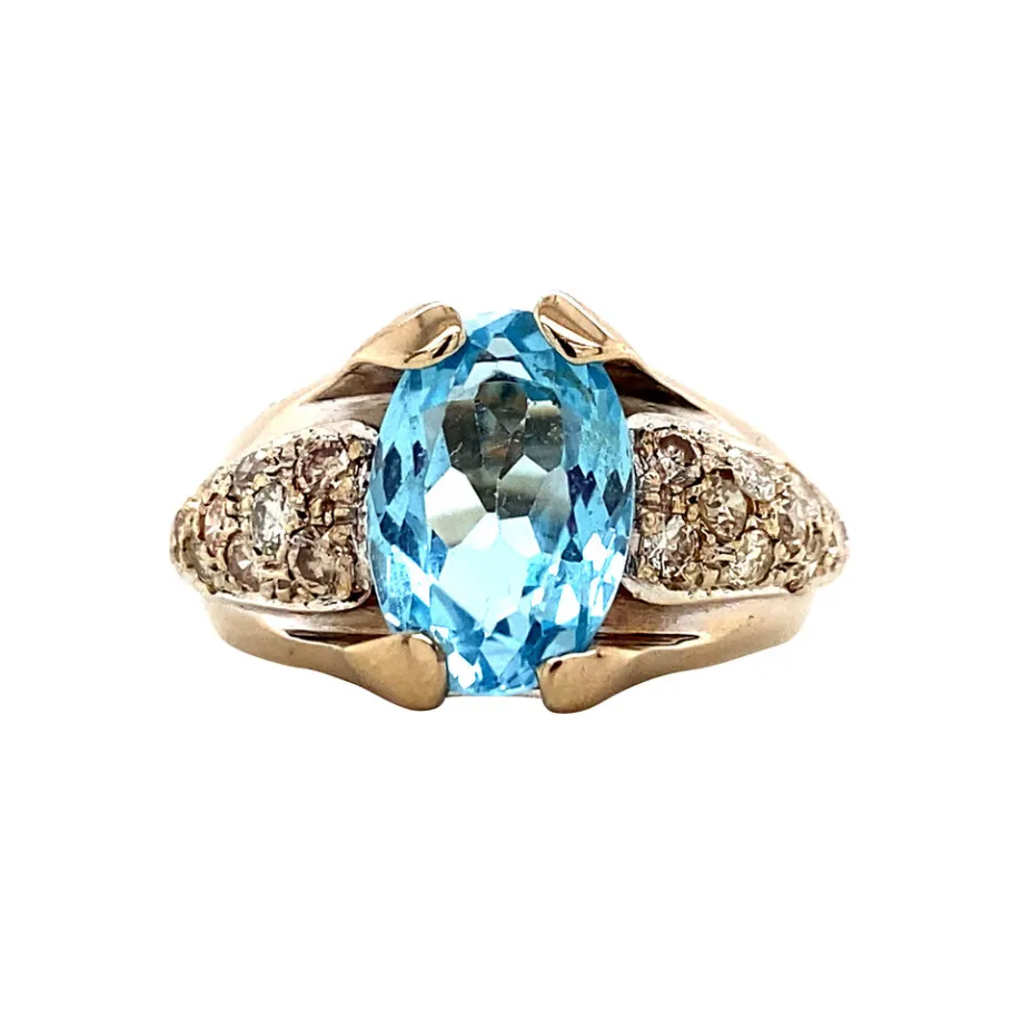 Yellow gold ring with topaz and diamonds 18 krt>Vintage Jewellery Hot